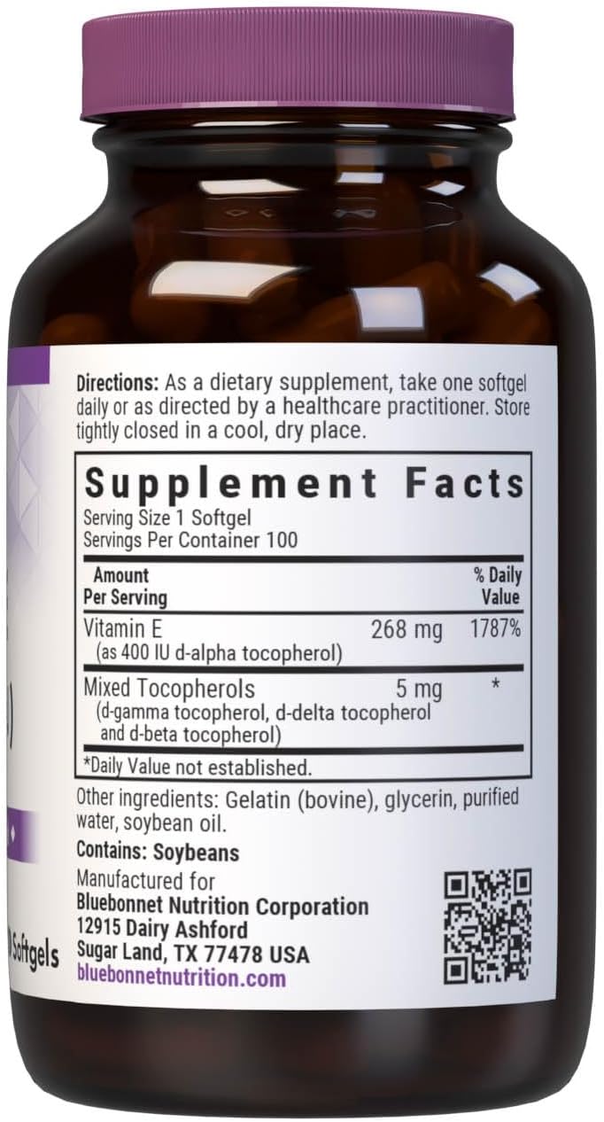 Bluebonnet Nutrition Vitamin E Softgels - 400 IU (268 mg) Mixed Tocopherols for Cardiovascular & Free Radical Protection - 100 Count