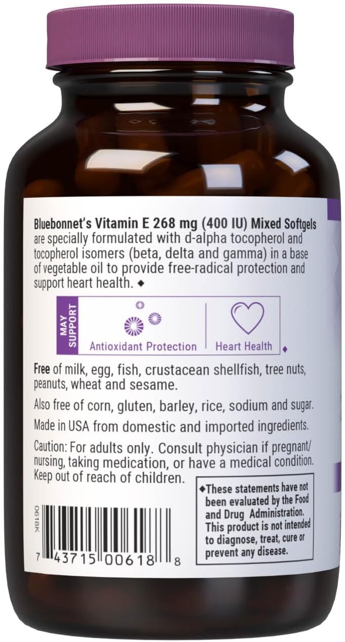 Bluebonnet Nutrition Vitamin E Softgels - 400 IU (268 mg) Mixed Tocopherols for Cardiovascular & Free Radical Protection - 100 Count