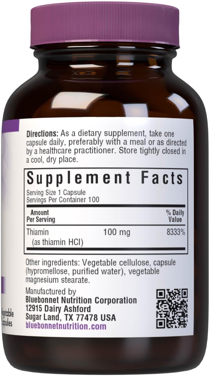 Bluebonnet Vitamin B-1 100 mg Capsules - 100 Vegetable Capsules - BoostGo Australia