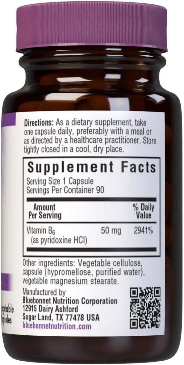 Bluebonnet Vitamin B6 50mg Supplement 90 Capsules - Supports Energy Production and Nervous System Health