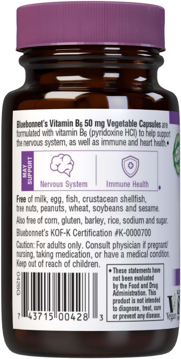 Bluebonnet Vitamin B6 50mg Supplement 90 Capsules - Supports Energy Production and Nervous System Health
