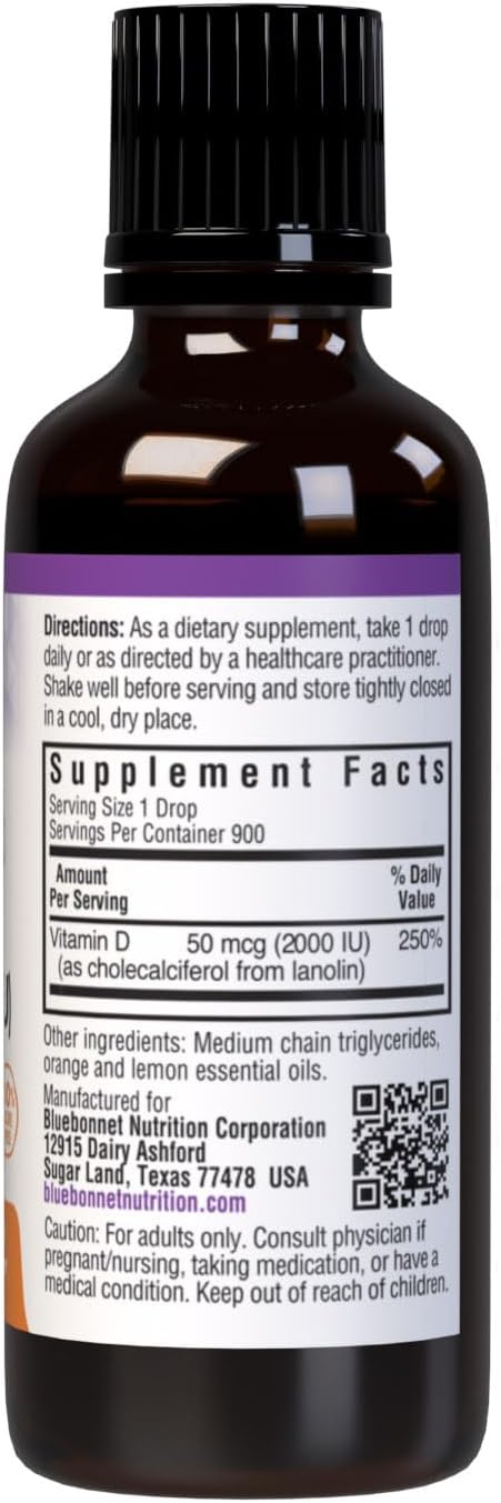 BlueBonnet Vitamin D3 Drops - 2000 IU, Natural Citrus Flavor - 1 Fl Oz - Liquid Supplement