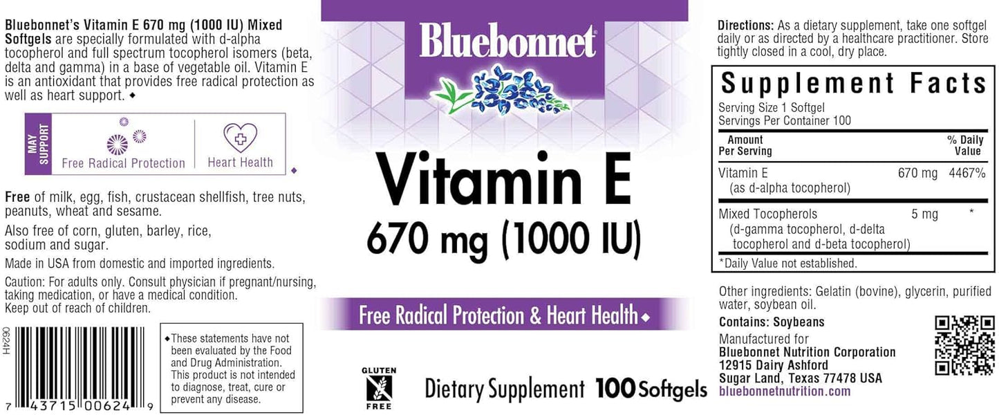 BlueBonnet Vitamin E 1000 IU Mixed Softgels - 100 Count - High Potency Supplement for Immune Support and Skin Health