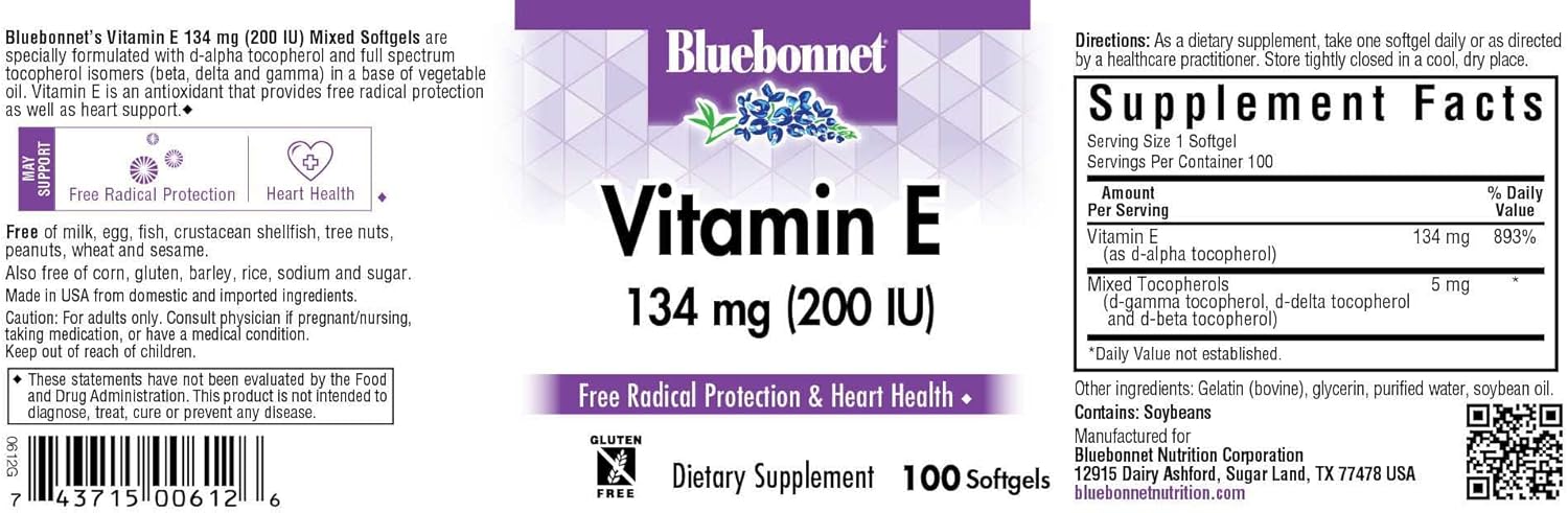 BlueBonnet Vitamin E 200 IU Mixed Softgels - 100 Count Bottle for Immune Support and Antioxidant Protection