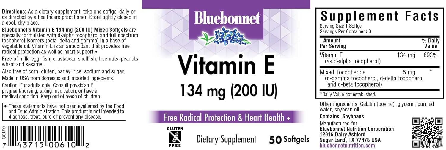 BlueBonnet Vitamin E 200 IU Mixed Softgels - 50 Count - Antioxidant Support for Skin & Immune System