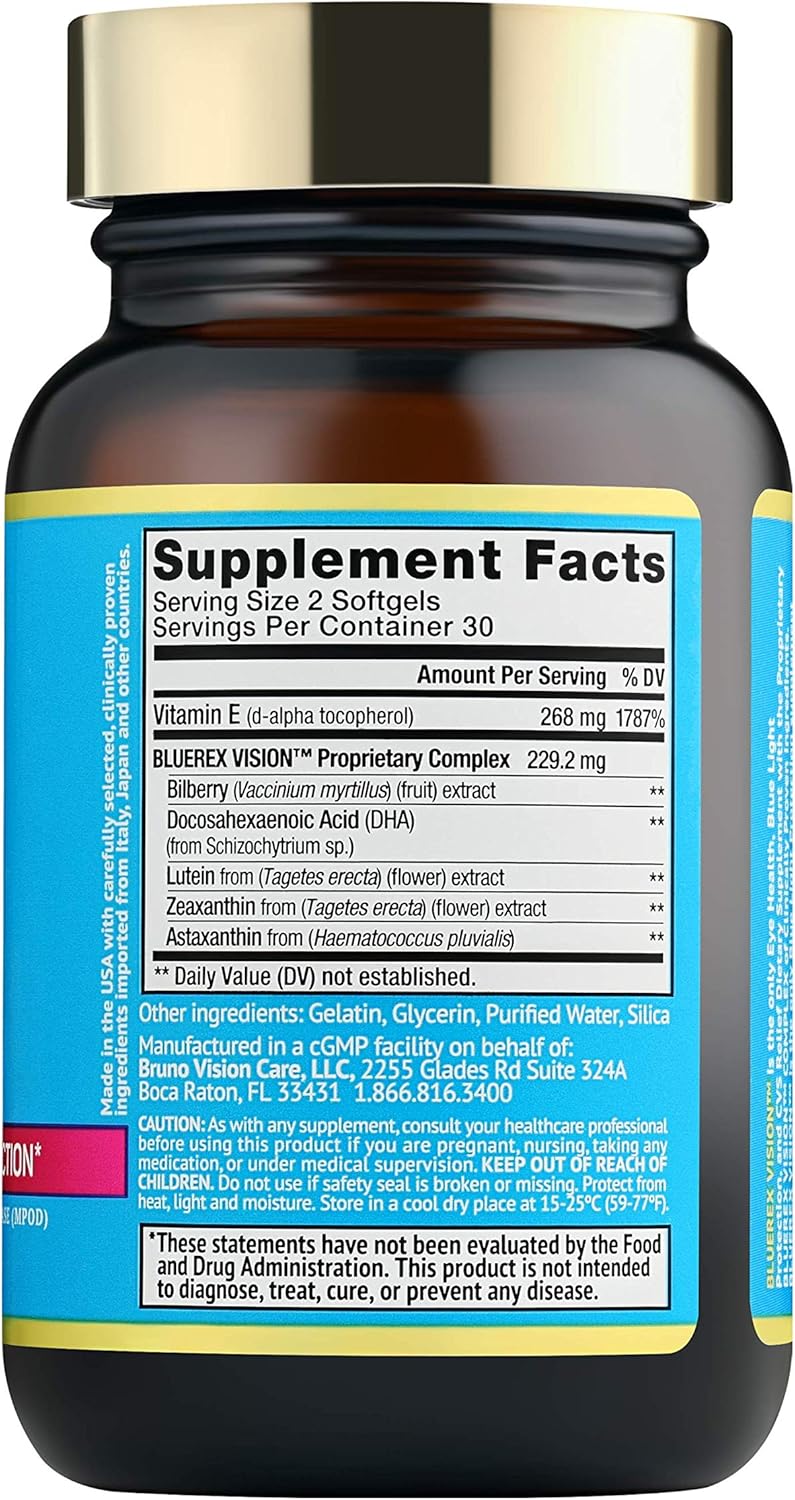 Bluerex Vision Eye Health Supplement for Adults - Vitamin E & Bilberry Extracts - Antioxidant Support for Computer Vision Syndrome & Dry Eyes