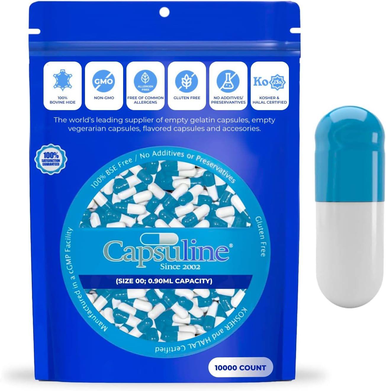 Blue/White Size 00 Empty Gelatin Capsules - 10000 Count | Kosher & Halal Certified | Gluten Free