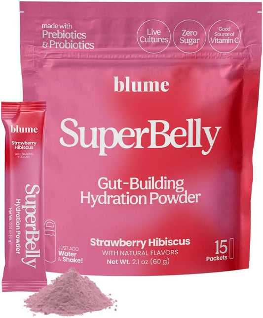 Blume SuperBelly Gut Health Hydration Packets - Sugar-Free, Prebiotics, Probiotics, Apple Cider Vinegar, Vitamin C, Electrolytes - Strawberry Hibiscus - 15 Sticks