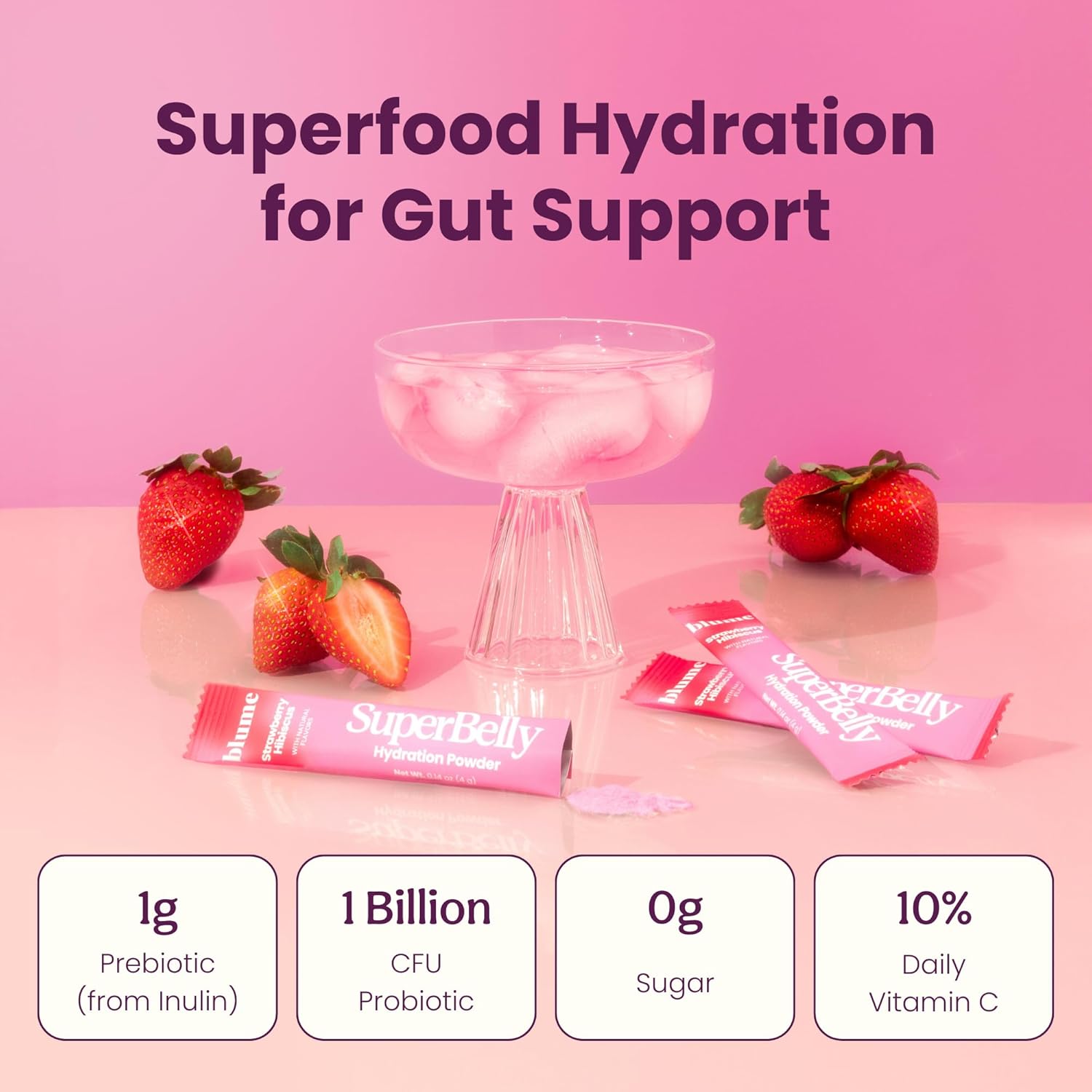 Blume SuperBelly Gut Health Hydration Packets - Sugar-Free, Prebiotics, Probiotics, Apple Cider Vinegar, Vitamin C, Electrolytes - Strawberry Hibiscus - 15 Sticks