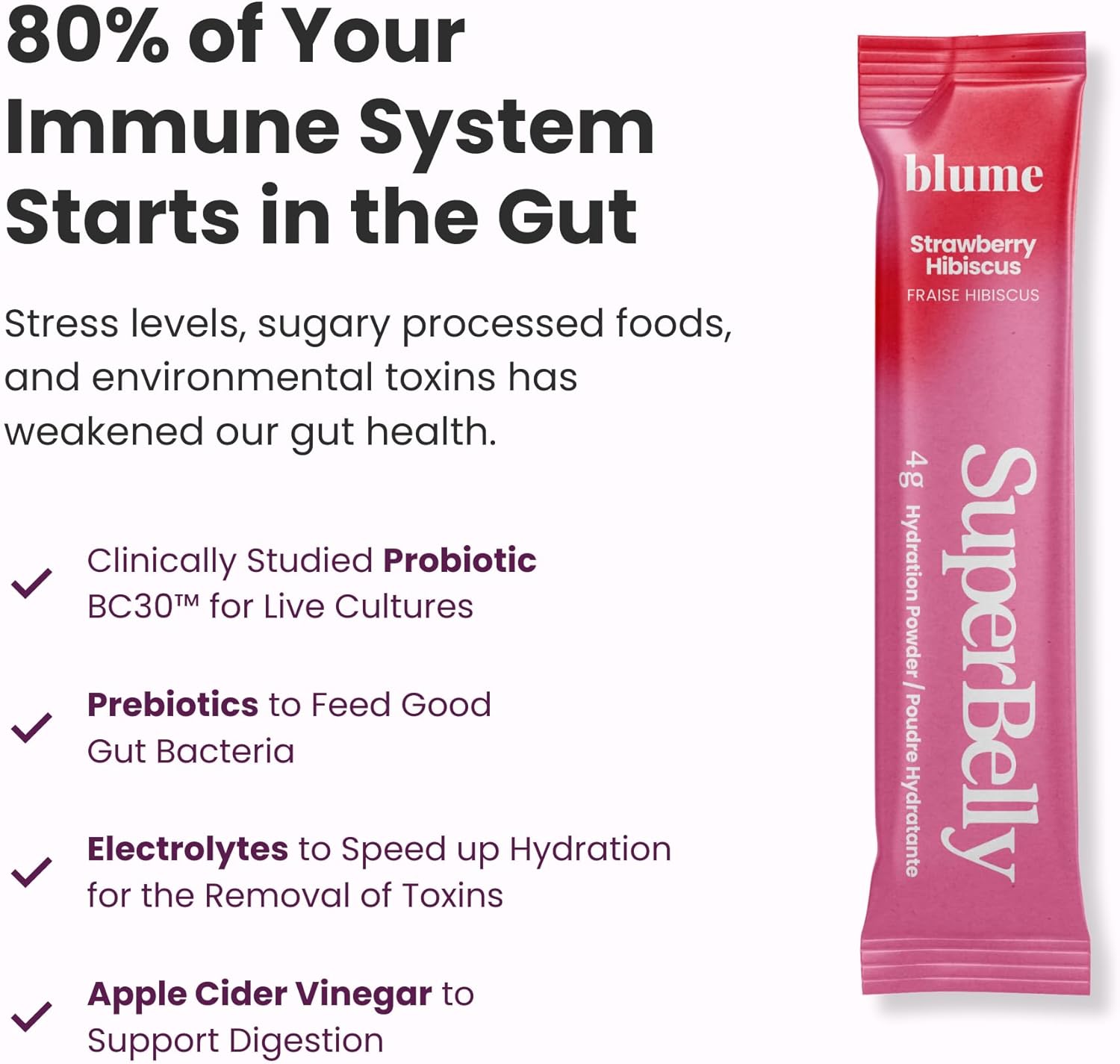 Blume SuperBelly Gut Health Hydration Packets - Sugar-Free, Prebiotics, Probiotics, Apple Cider Vinegar, Vitamin C, Electrolytes - Strawberry Hibiscus - 15 Sticks