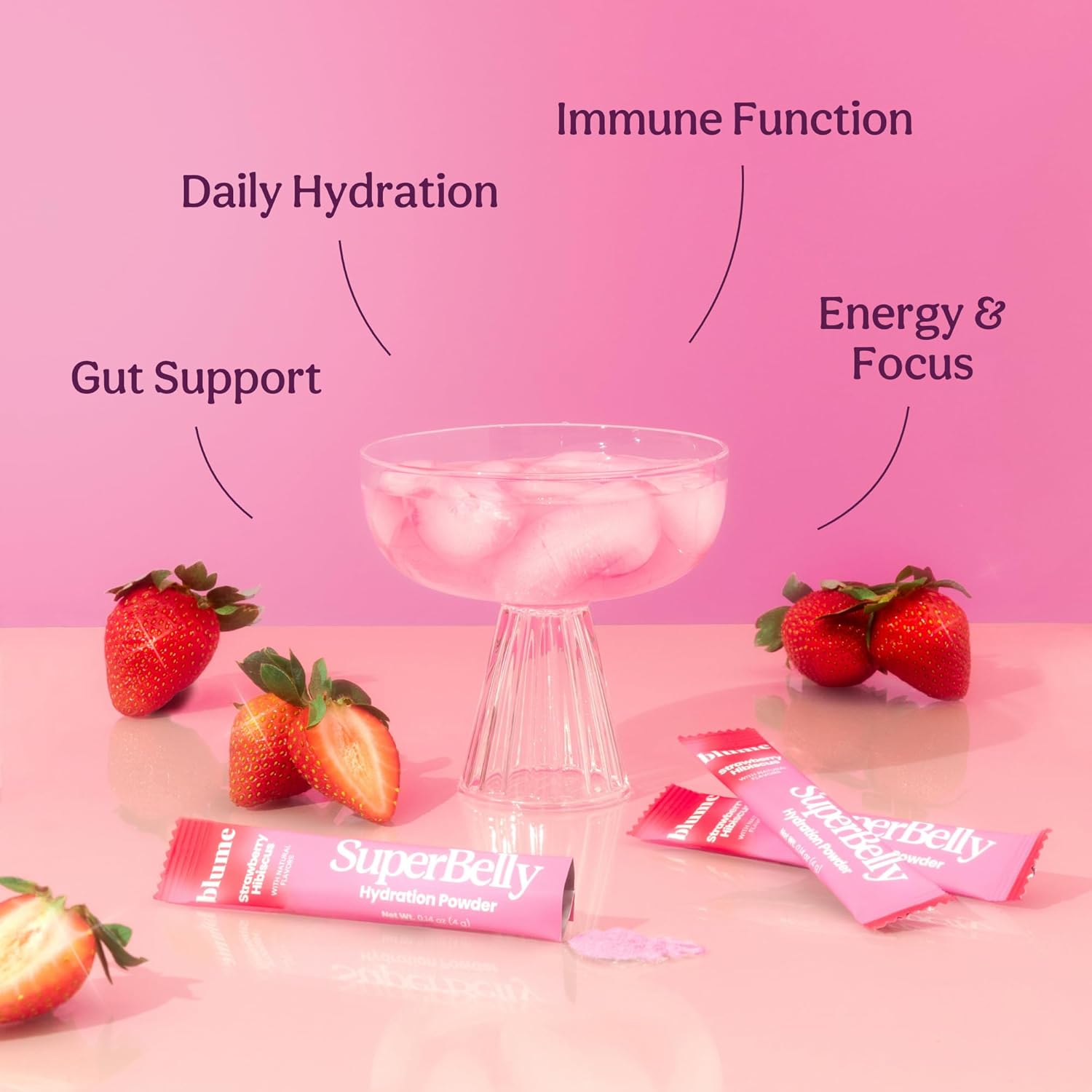 Blume SuperBelly Gut Health Hydration Packets - Sugar-Free, Prebiotics, Probiotics, Apple Cider Vinegar, Vitamin C, Electrolytes - Strawberry Hibiscus - 15 Sticks