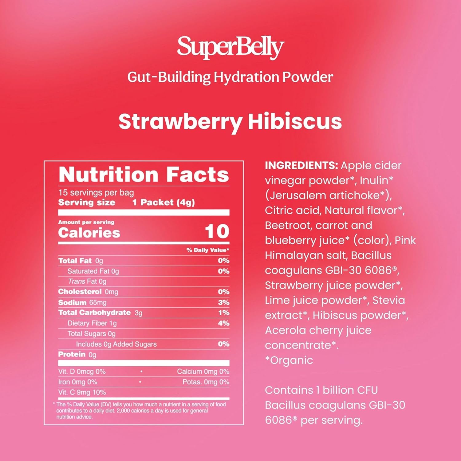 Blume SuperBelly Gut Health Hydration Packets - Sugar-Free, Prebiotics, Probiotics, Apple Cider Vinegar, Vitamin C, Electrolytes - Strawberry Hibiscus - 15 Sticks