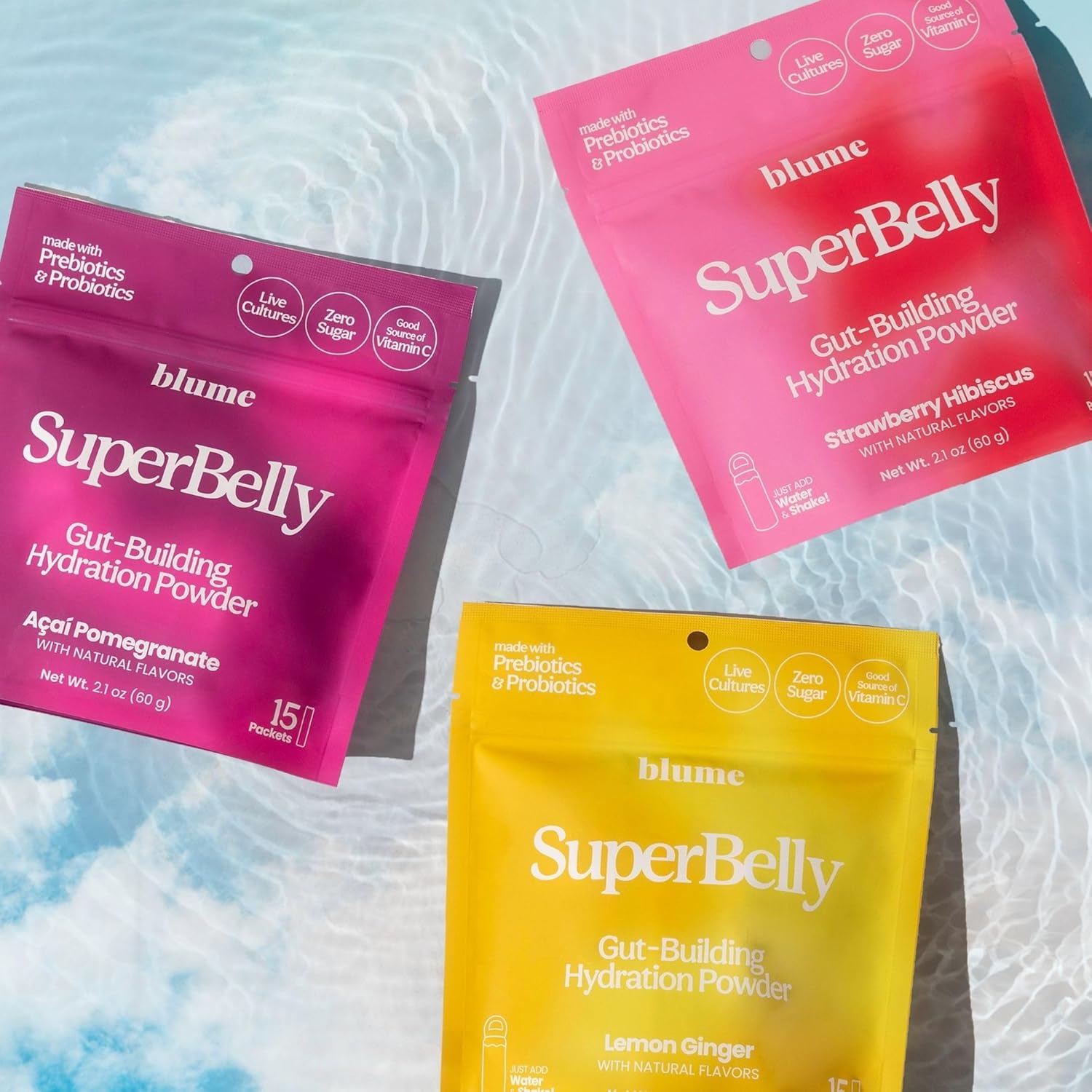 Blume SuperBelly Gut Health Hydration Packets - Sugar-Free, Prebiotics, Probiotics, Apple Cider Vinegar, Vitamin C, Electrolytes - Strawberry Hibiscus - 15 Sticks