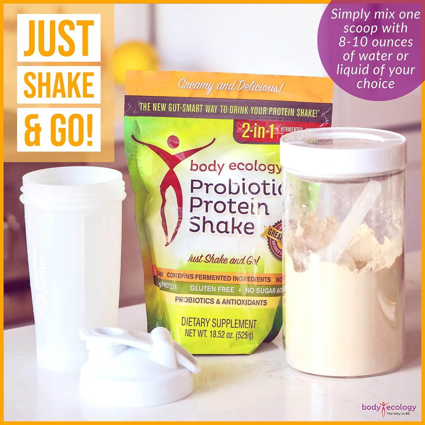 Body Ecology Fermented Probiotic Protein Shake Powder - Non-GMO, Gluten Free, Soy Free, No Sugar Added - 15g Protein - 18.52 OZ