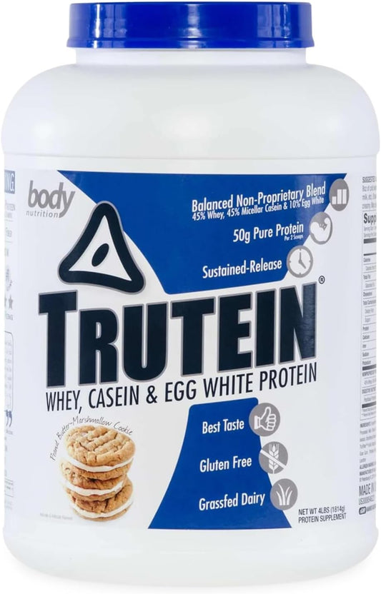 Body Nutrition Trutein High Protein Powder - Peanut Butter Marshmallow Flavor - Gluten-Free Protein Shake Mix - Low Carb Supplement - 4lb Jar for Men & Women