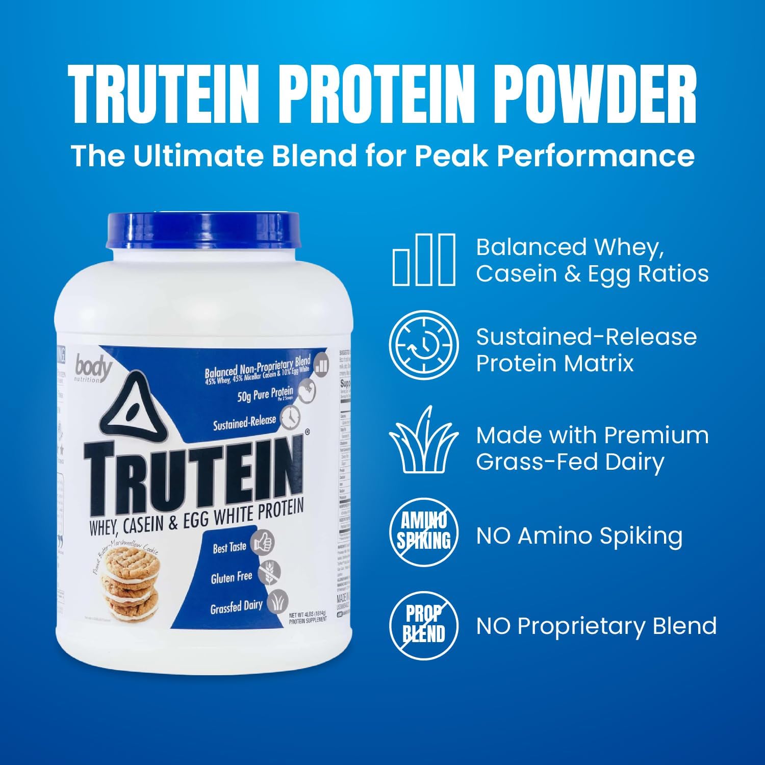 Body Nutrition Trutein High Protein Powder - Peanut Butter Marshmallow Flavor - Gluten-Free Protein Shake Mix - Low Carb Supplement - 4lb Jar for Men & Women