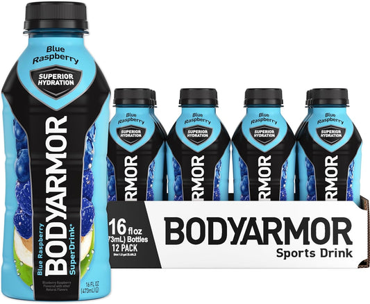BODYARMOR Blue Raspberry Sports Drink - 16 Fl Oz (Pack of 12) - Natural Flavors, Vitamins, Electrolytes - No Preservatives - Ideal for Athletes
