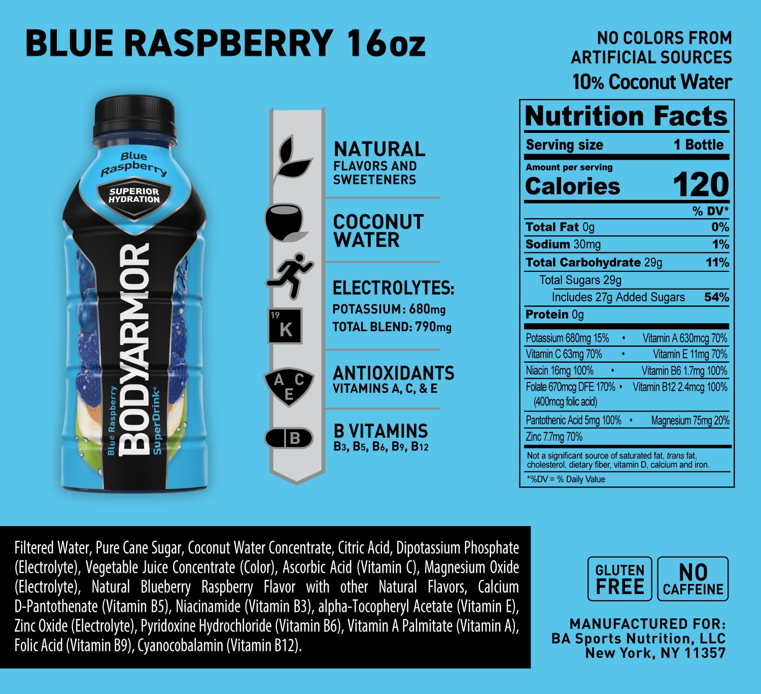 BODYARMOR Blue Raspberry Sports Drink - 16 Fl Oz (Pack of 12) - Natural Flavors, Vitamins, Electrolytes - No Preservatives - Ideal for Athletes