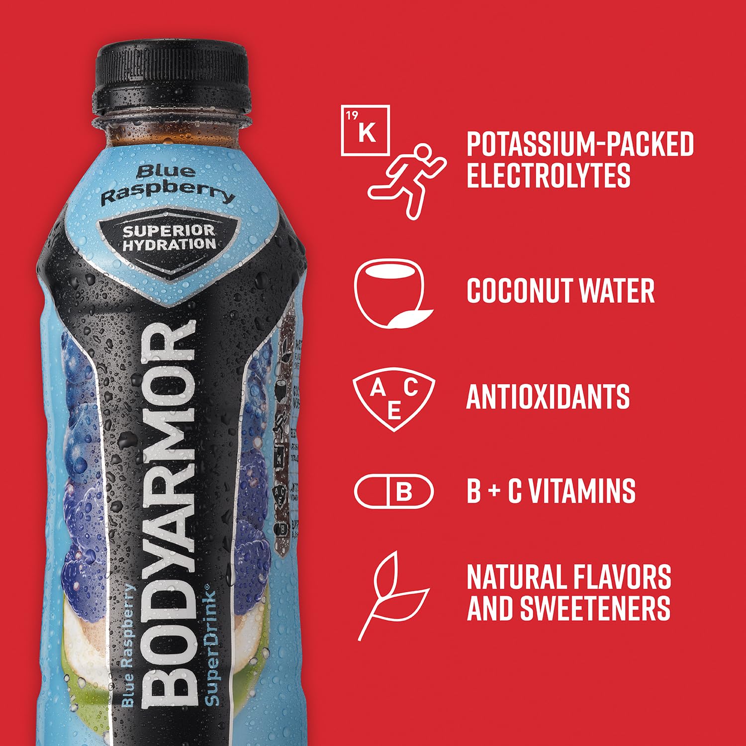 BODYARMOR Blue Raspberry Sports Drink - 16 Fl Oz (Pack of 12) - Natural Flavors, Vitamins, Electrolytes - No Preservatives - Ideal for Athletes