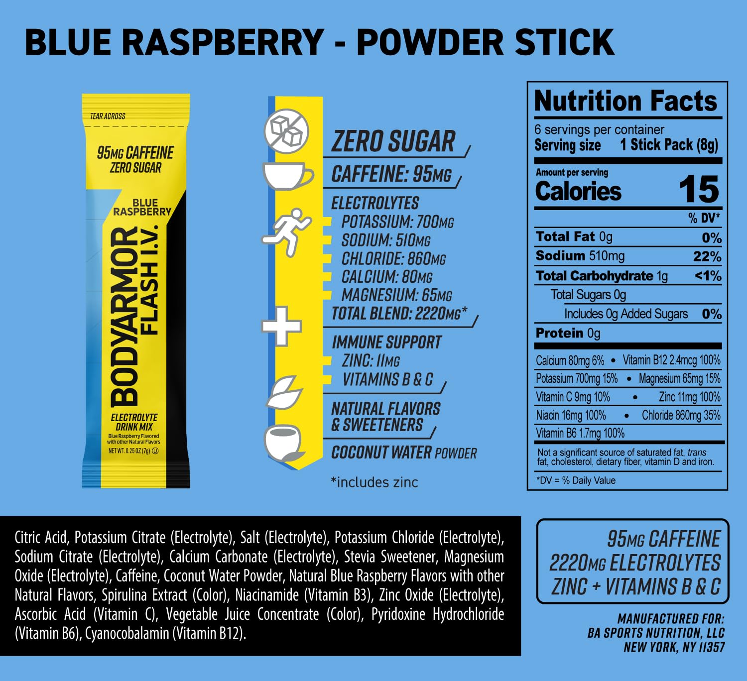 BODYARMOR Caffeine Blue Raspberry Electrolyte Mix Pack - 6 Pack of 0.28 oz Packets