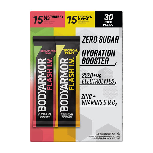 BODYARMOR Flash IV Electrolyte Packets - Strawberry Kiwi & Tropical Punch Variety Pack, 30 Count - Zero Sugar Coconut Water Drink Mix