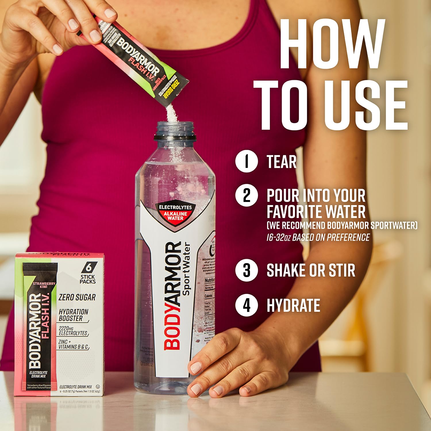 BODYARMOR Flash IV Electrolyte Packets - Strawberry Kiwi & Tropical Punch Variety Pack, 30 Count - Zero Sugar Coconut Water Drink Mix