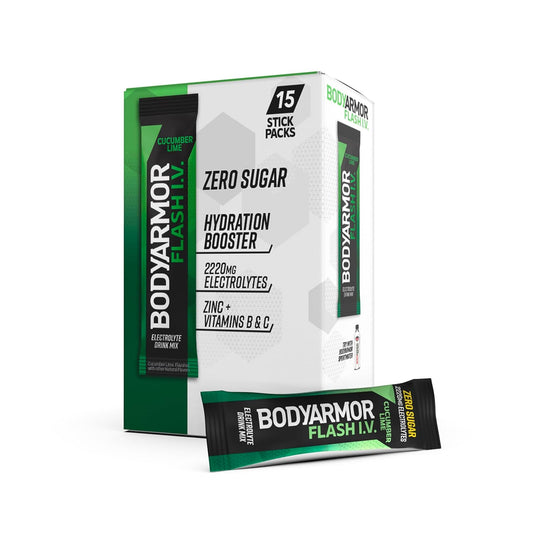 BODYARMOR Flash IV Electrolyte Packets, Cucumber Lime - Zero Sugar Drink Mix with Coconut Water Powder for Hydration on the Go (15 Packets)