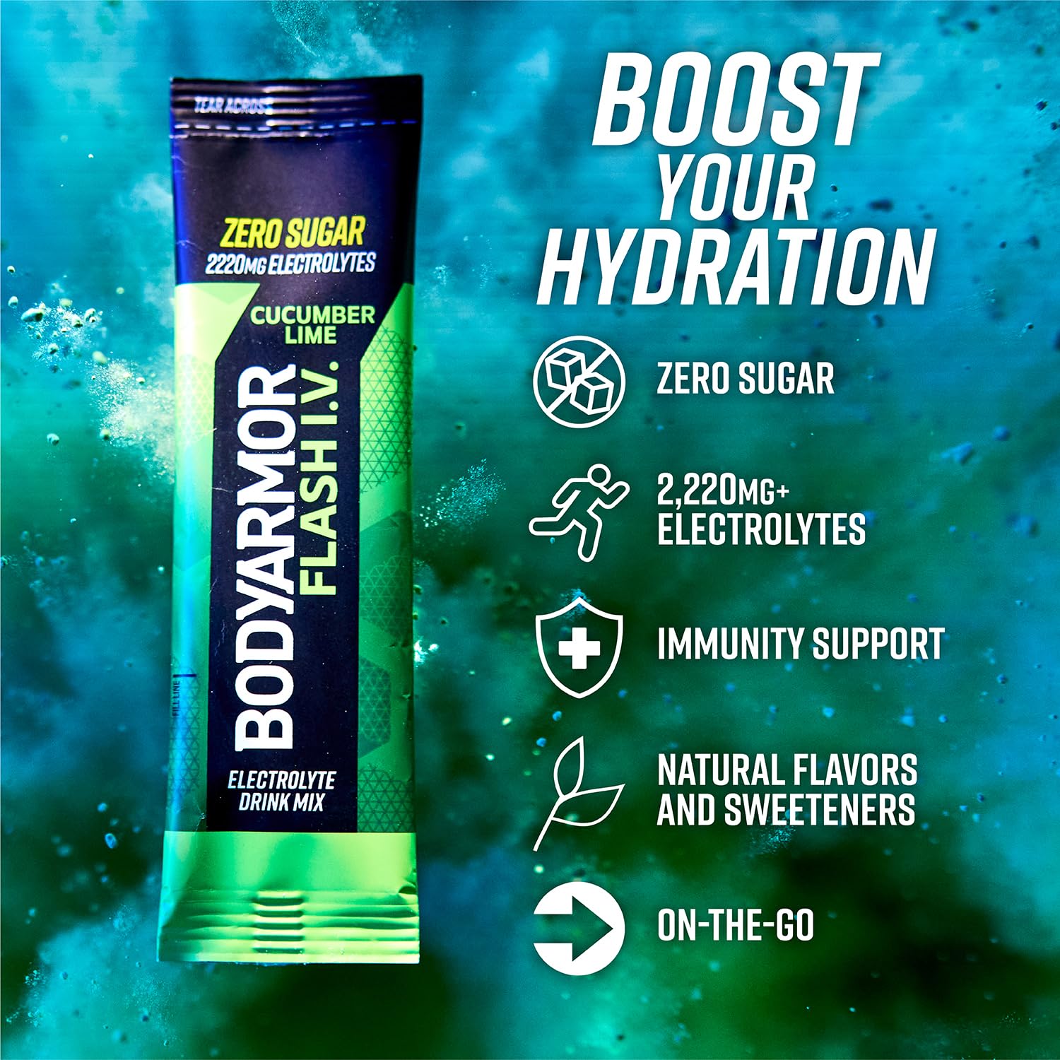 BODYARMOR Flash IV Electrolyte Packets, Cucumber Lime - Zero Sugar Drink Mix with Coconut Water Powder for Hydration on the Go (15 Packets)
