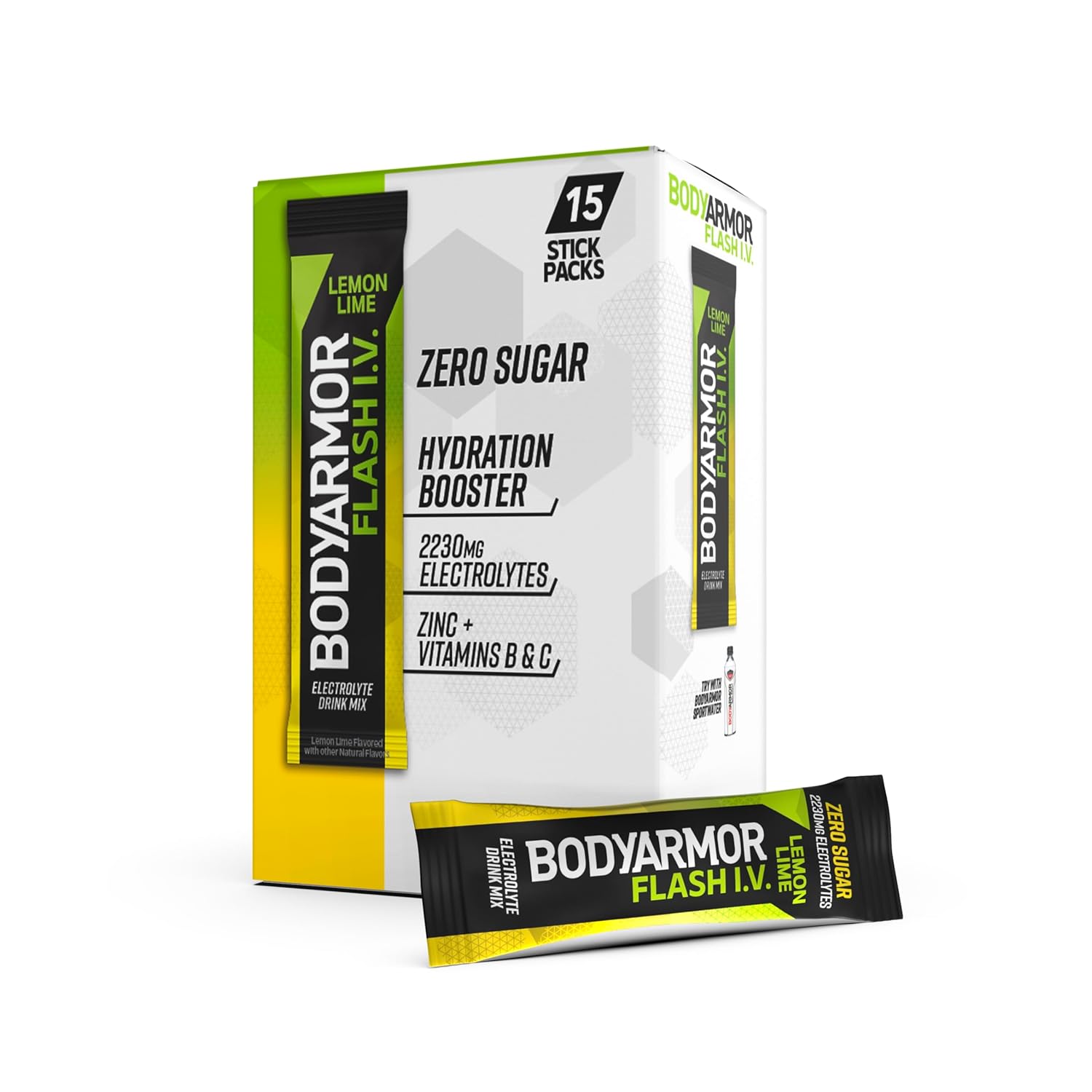 BODYARMOR Flash IV Electrolyte Packets, Lemon Lime - Zero Sugar Coconut Water Drink Mix (15 Count)