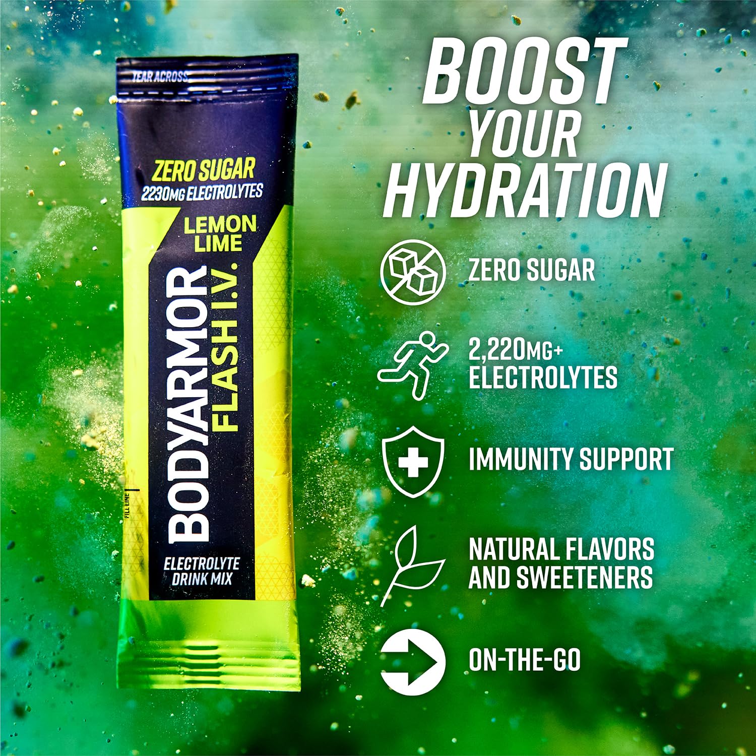 BODYARMOR Flash IV Electrolyte Packets, Lemon Lime - Zero Sugar Coconut Water Drink Mix (15 Count)