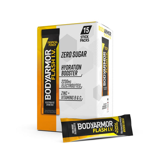 BODYARMOR Flash IV Electrolyte Packets, Tropical Punch - Zero Sugar Drink Mix, Single Serve Packs, Coconut Water Powder, Hydration Sticks (15 Count)