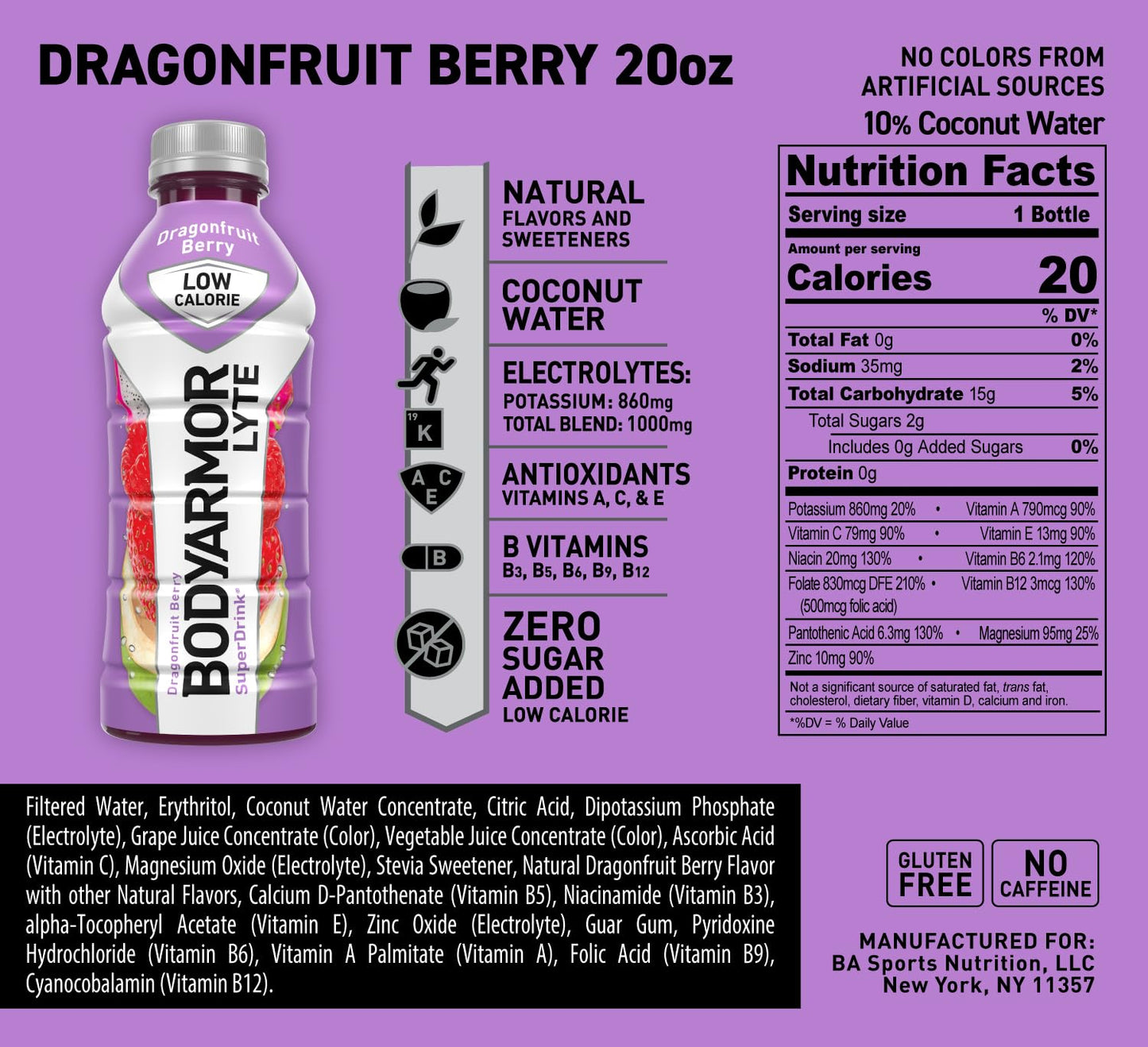 BODYARMOR LYTE Dragonfruit Berry Sports Drink - Low-Calorie Beverage Packed with Electrolytes and Vitamins - 20 Fl Oz (Pack of 6)