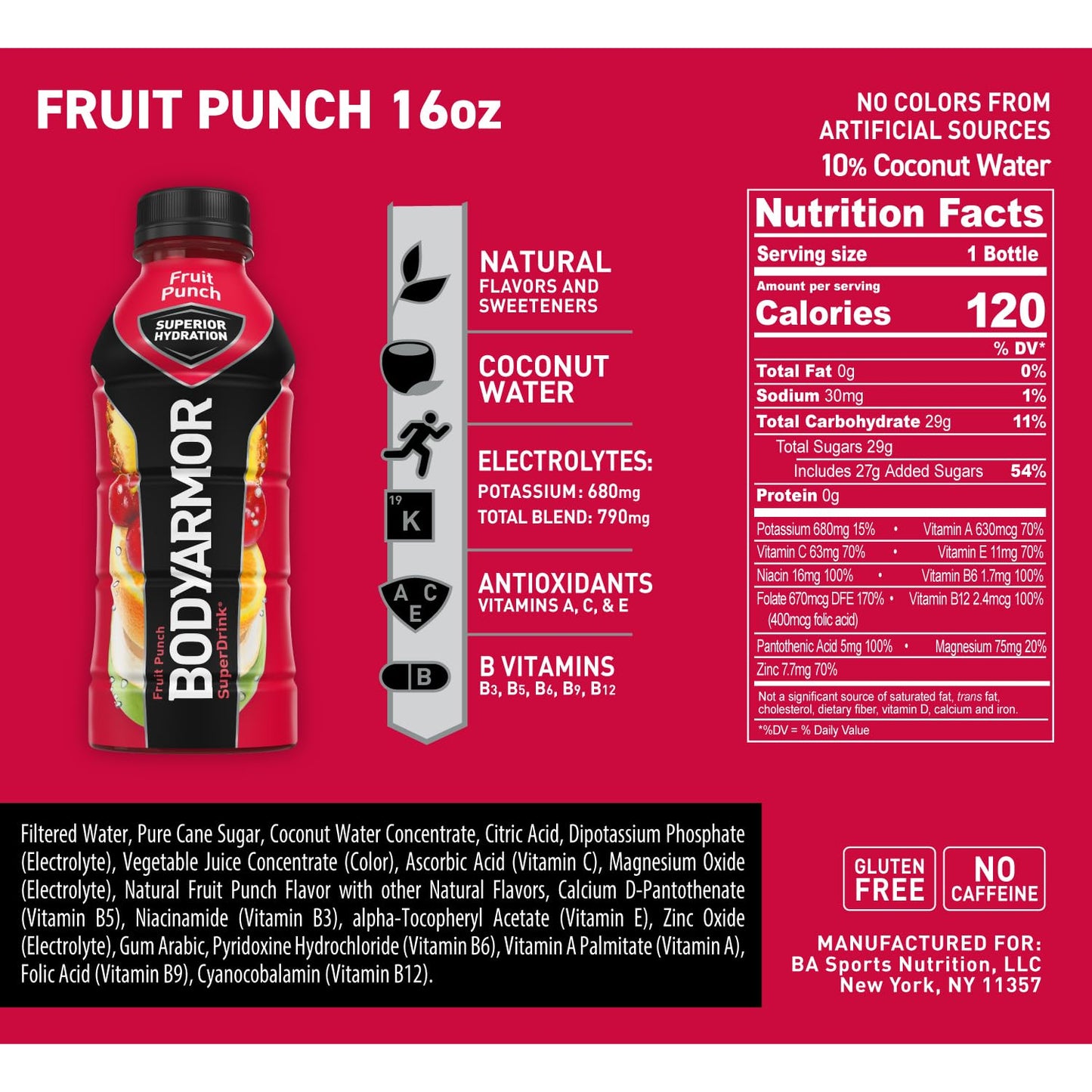 BODYARMOR Sports Drink: Fruit Punch Flavor with Coconut Water, Natural Vitamins & Electrolytes - 16 Fl Oz (12 Pack)