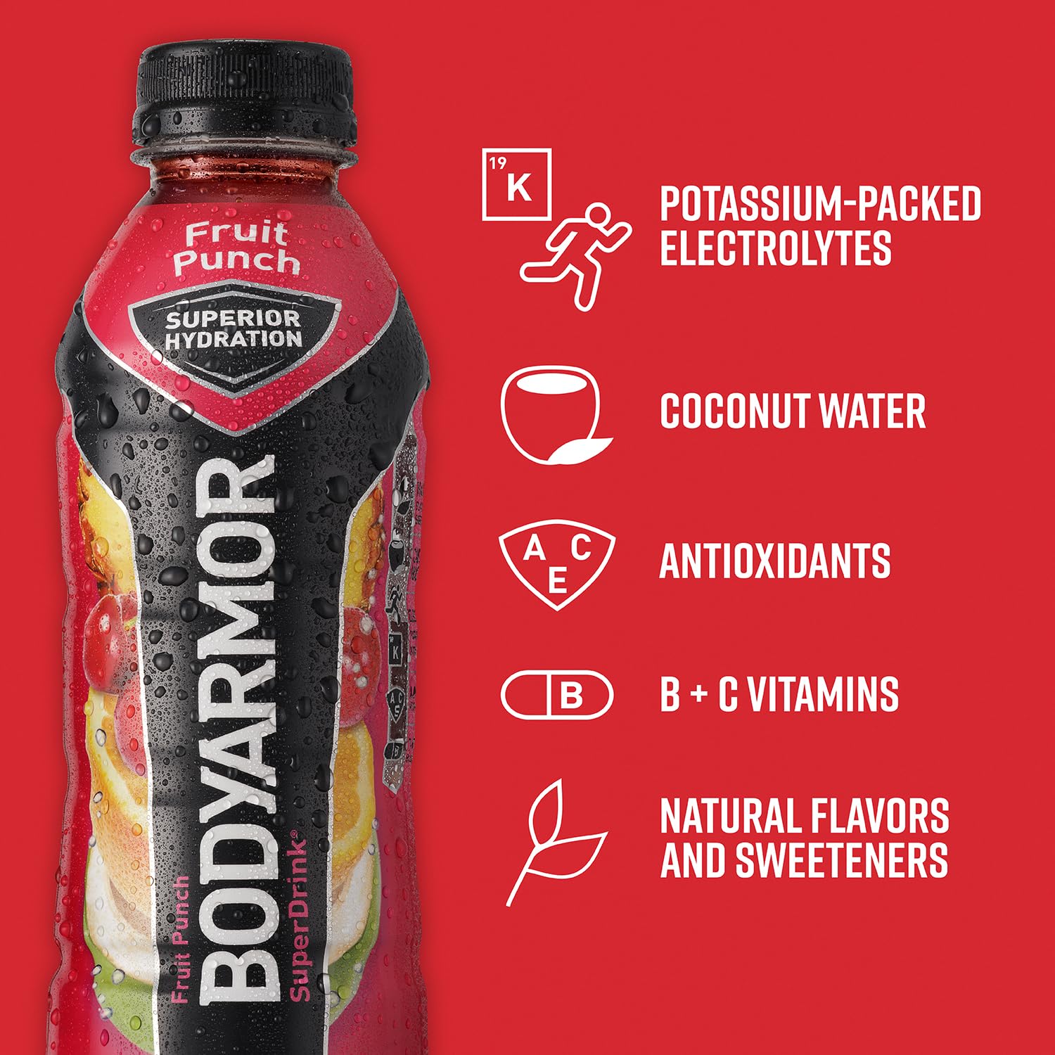 BODYARMOR Sports Drink: Fruit Punch Flavor with Coconut Water, Natural Vitamins & Electrolytes - 16 Fl Oz (12 Pack)