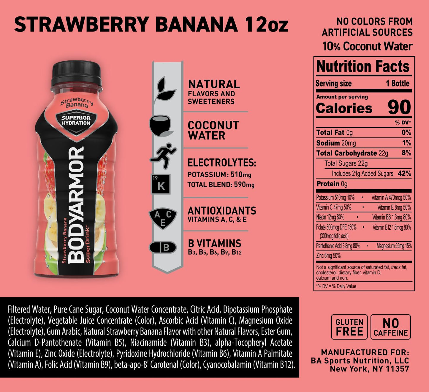 BODYARMOR Strawberry Banana Coconut Water Sports Drink, 12 Fl Oz (Pack of 8), Hydration with Natural Flavors, Vitamins and Electrolytes for Athletes