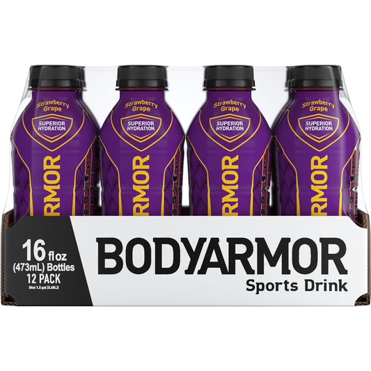 BODYARMOR Strawberry Grape Sports Drink with Electrolytes & Vitamins - 16 Fl Oz (Pack of 12) - Ideal for Athletes - No Preservatives