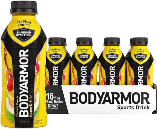 BODYARMOR Tropical Punch Coconut Water Sports Drink with Electrolytes and Vitamins - 16 Fl Oz (Pack of 12) for Athletes