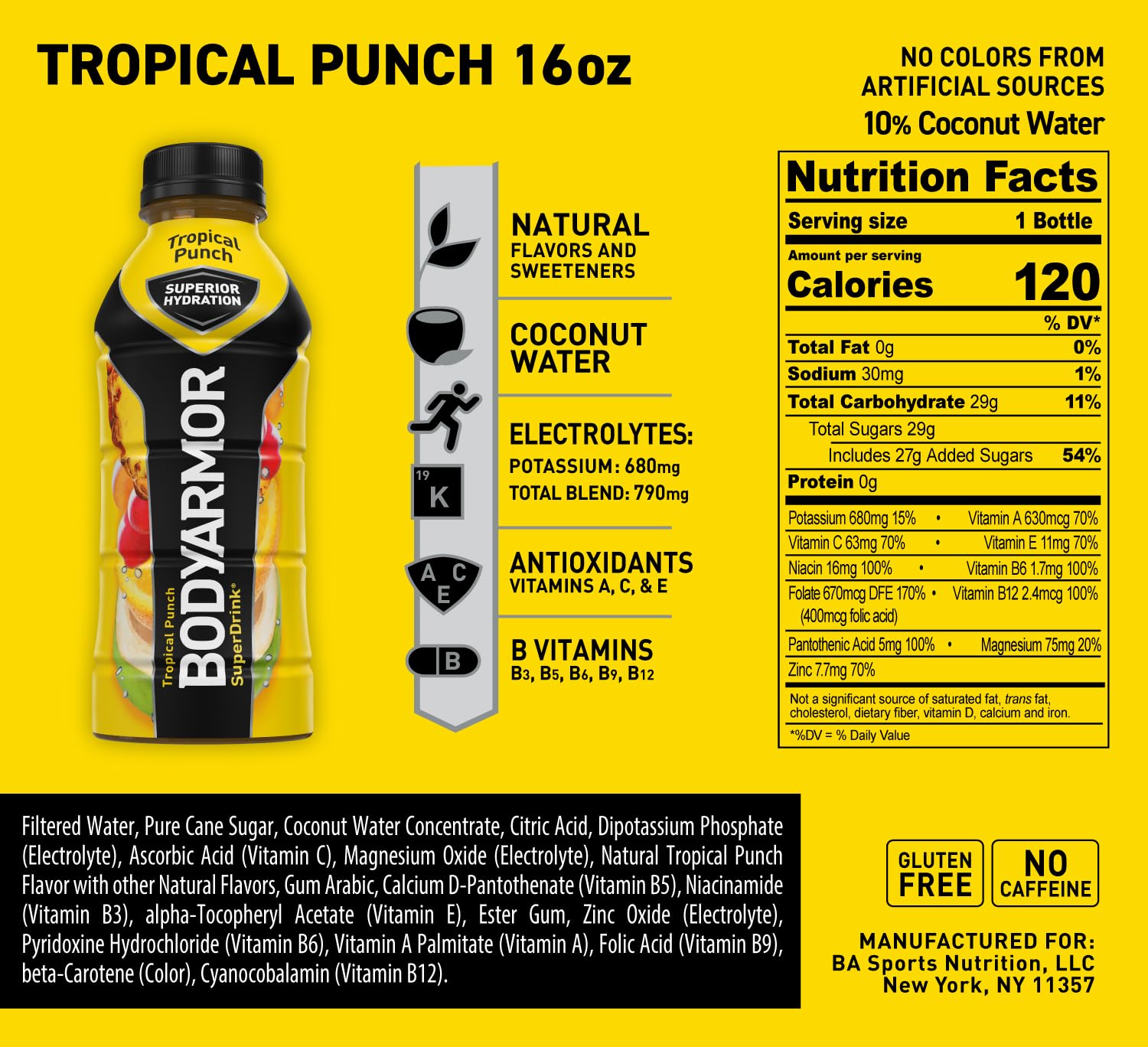 BODYARMOR Tropical Punch Coconut Water Sports Drink with Electrolytes and Vitamins - 16 Fl Oz (Pack of 12) for Athletes