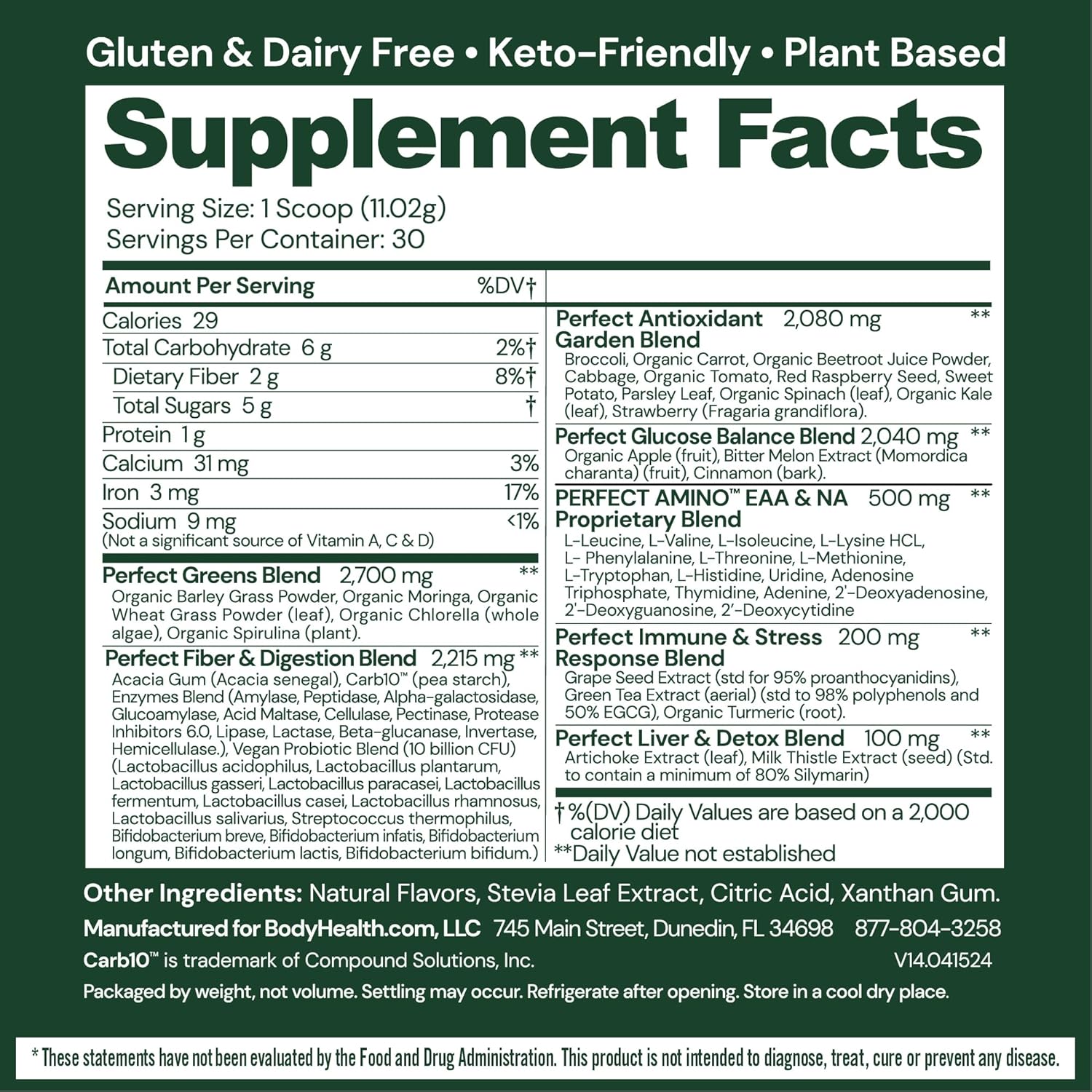 BodyHealth Greens Enhanced with PerfectAmino - Superfood Green Apple Smoothie Powder - Antioxidants, Probiotics, Fiber - 30 Servings