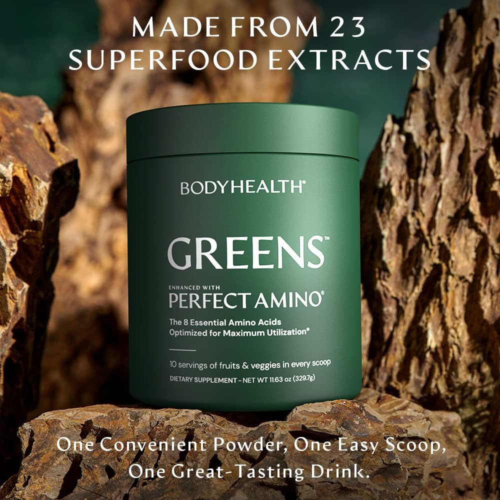BodyHealth Greens Enhanced with PerfectAmino - Superfood Green Apple Smoothie Powder - Antioxidants, Probiotics, Fiber - 30 Servings