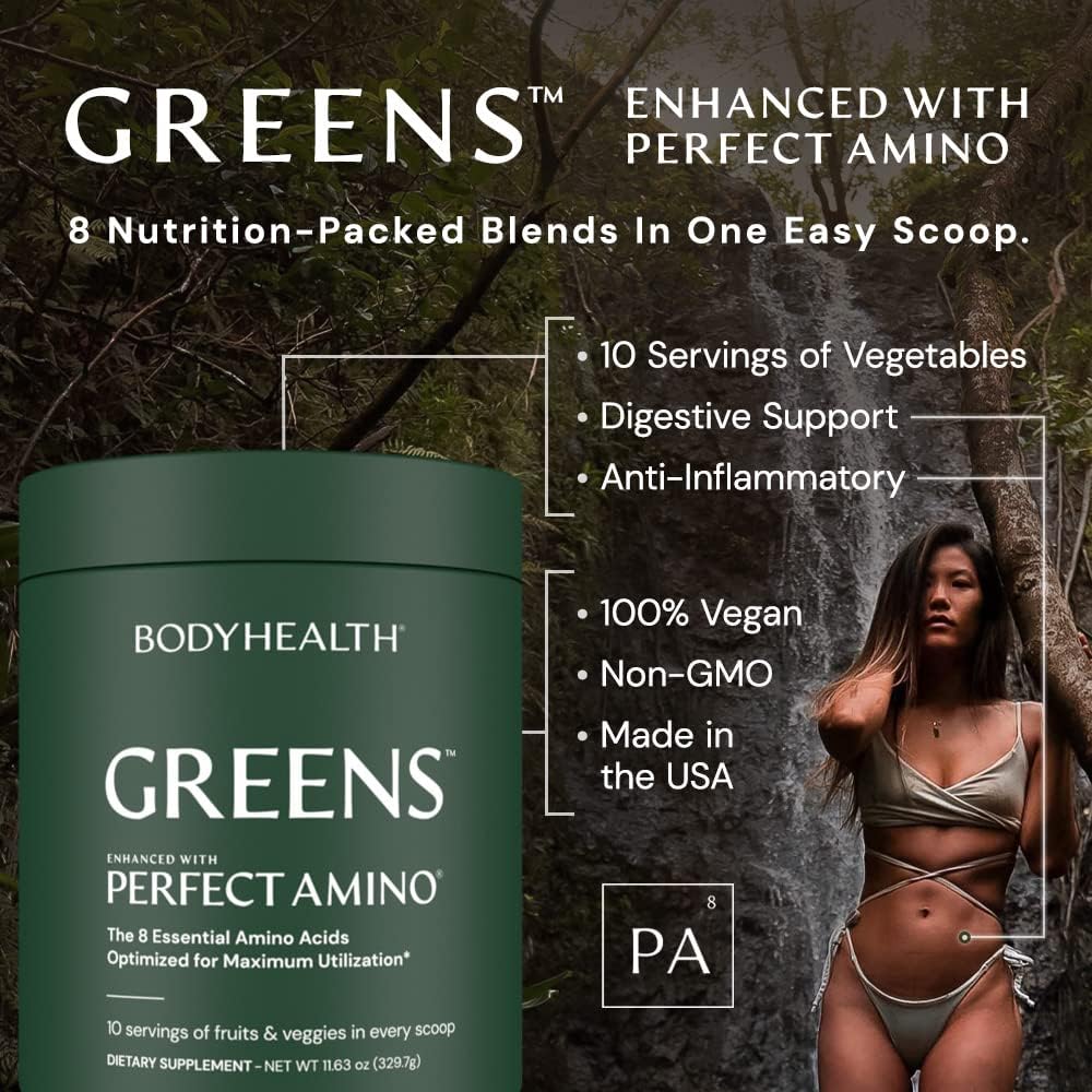 BodyHealth Greens Enhanced with PerfectAmino - Superfood Green Apple Smoothie Powder - Antioxidants, Probiotics, Fiber - 30 Servings