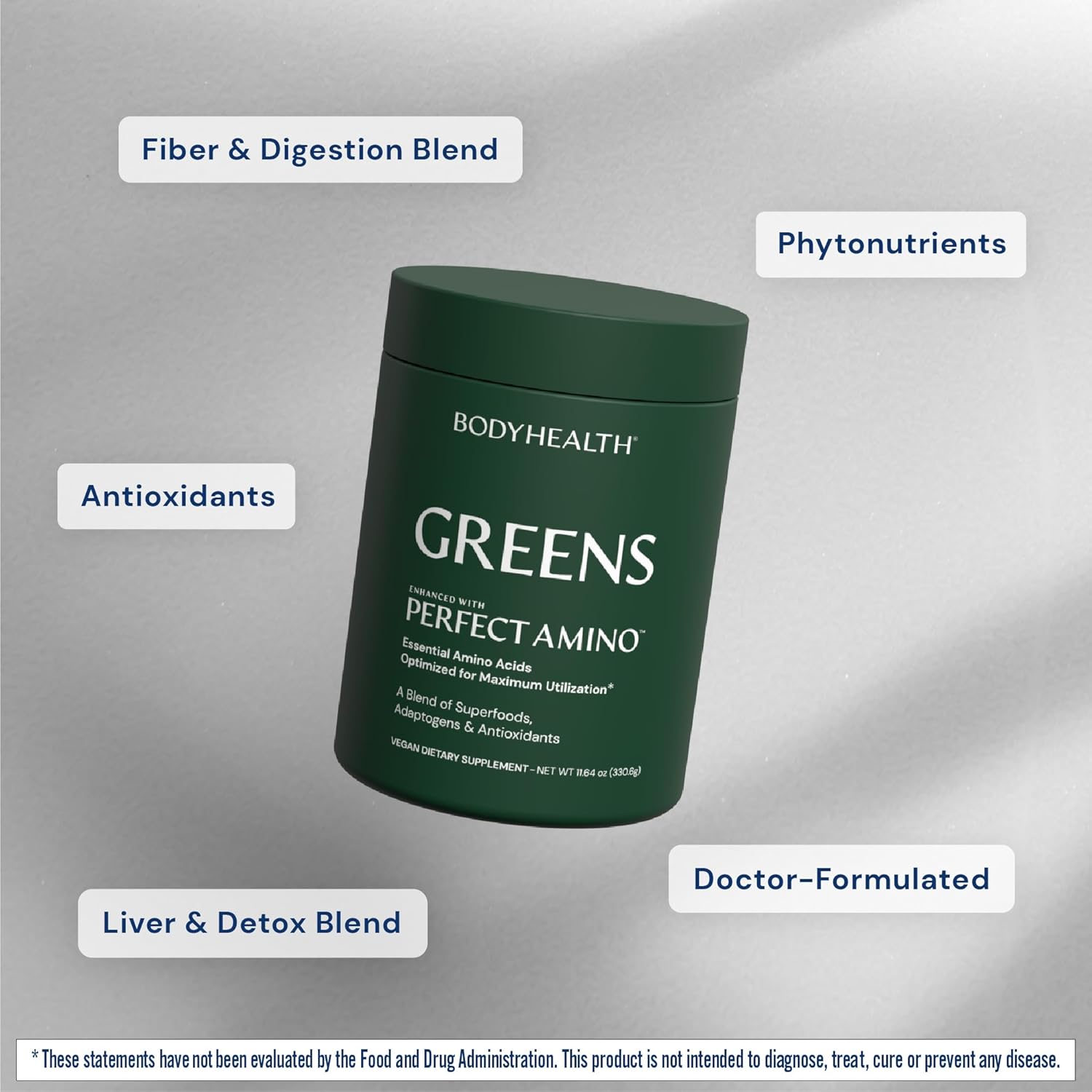 BodyHealth Greens Enhanced with PerfectAmino - Superfood Green Apple Smoothie Powder - Antioxidants, Probiotics, Fiber - 30 Servings