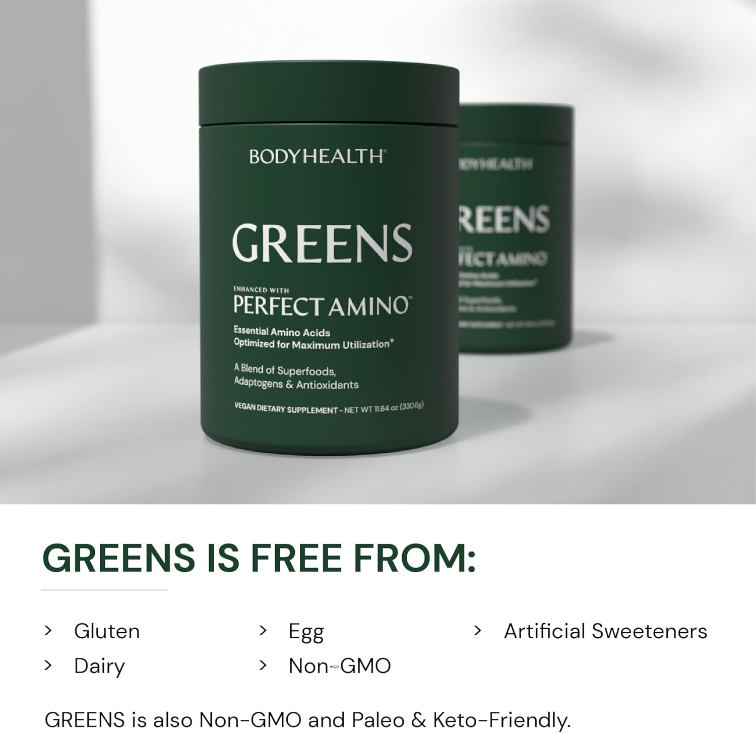 BodyHealth Greens Enhanced with PerfectAmino - Superfood Green Apple Smoothie Powder - Antioxidants, Probiotics, Fiber - 30 Servings