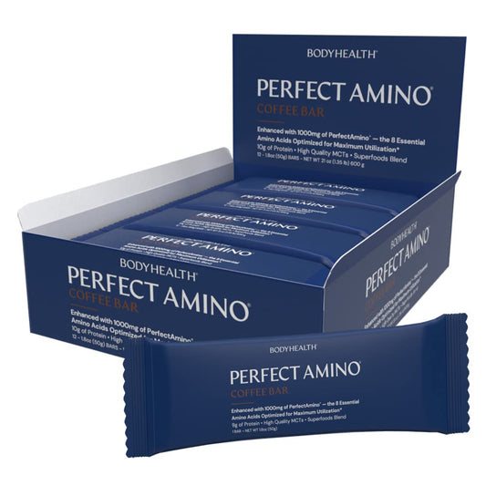 BodyHealth PerfectAmino Bar: Coffee Protein Energy Snack with 10g Protein, Plant-Based MCTs, Superfood Blend - Kosher (12 Pack)