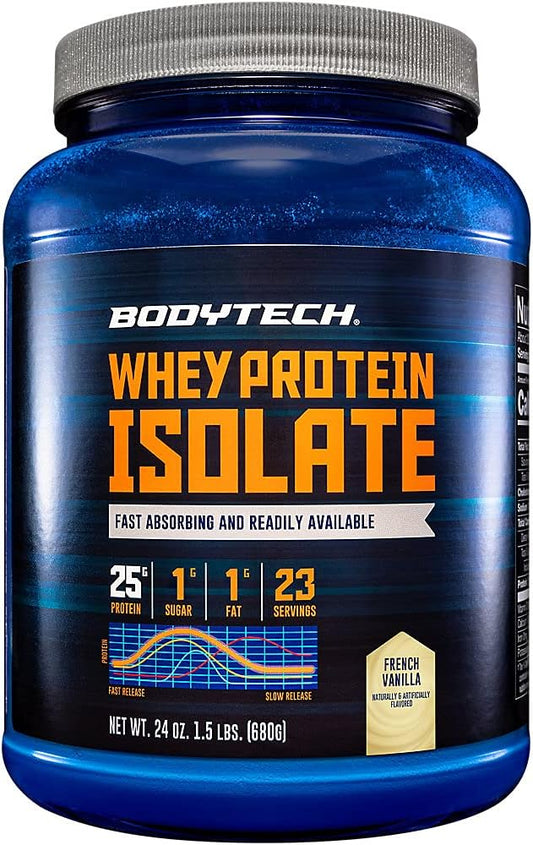BodyTech Vanilla Whey Protein Isolate Powder - 25g Protein, BCAA's, Post-Workout Muscle Building, 1.5lb