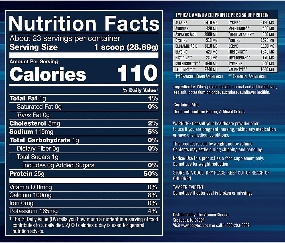 BodyTech Vanilla Whey Protein Isolate Powder - 25g Protein, BCAA's, Post-Workout Muscle Building, 1.5lb
