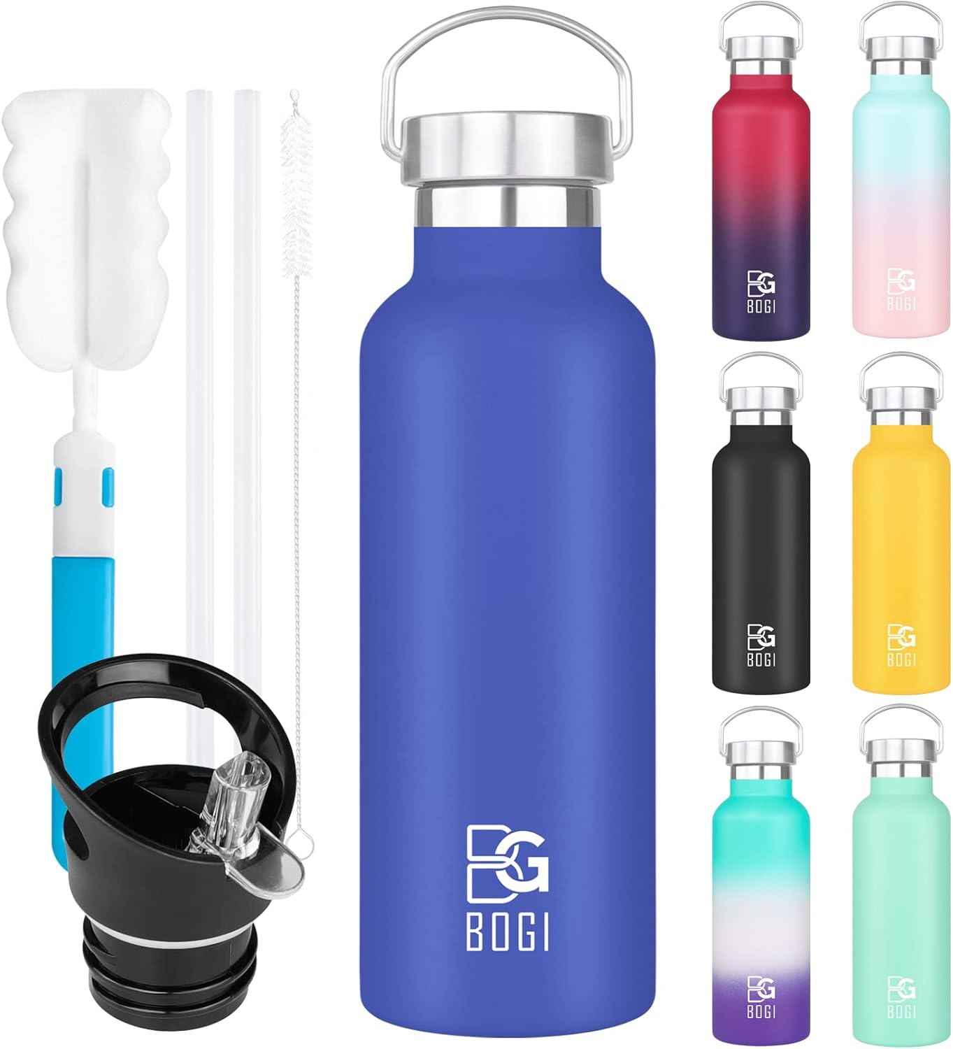 BOGI 20oz Stainless Steel Insulated Water Bottle with Straw, Handle, and Leakproof Wide Mouth - BPA Free Metal Bottle for Fitness and Outdoor Sports - Dark Blue