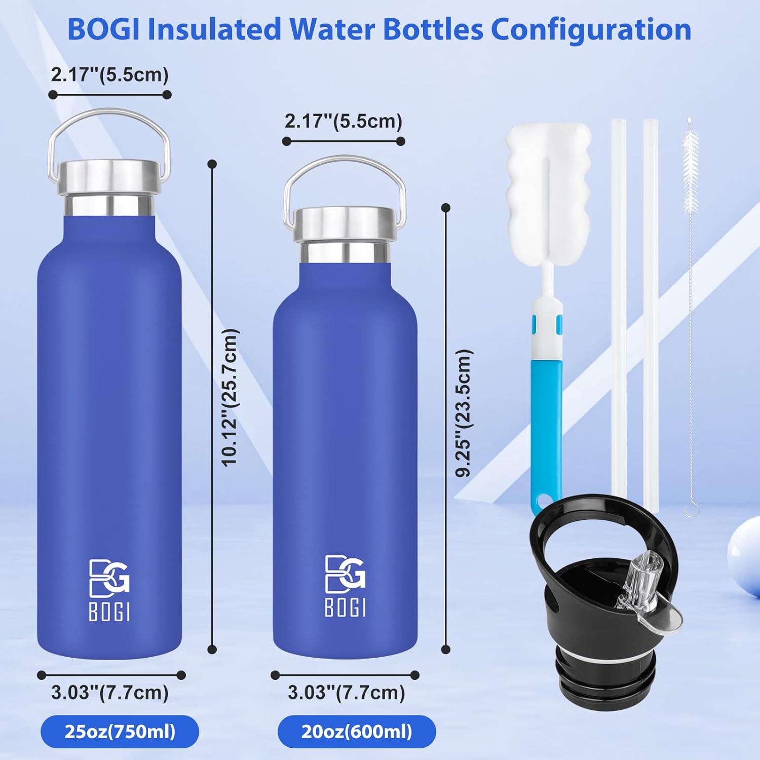 BOGI 20oz Stainless Steel Insulated Water Bottle with Straw, Handle, and Leakproof Wide Mouth - BPA Free Metal Bottle for Fitness and Outdoor Sports - Dark Blue