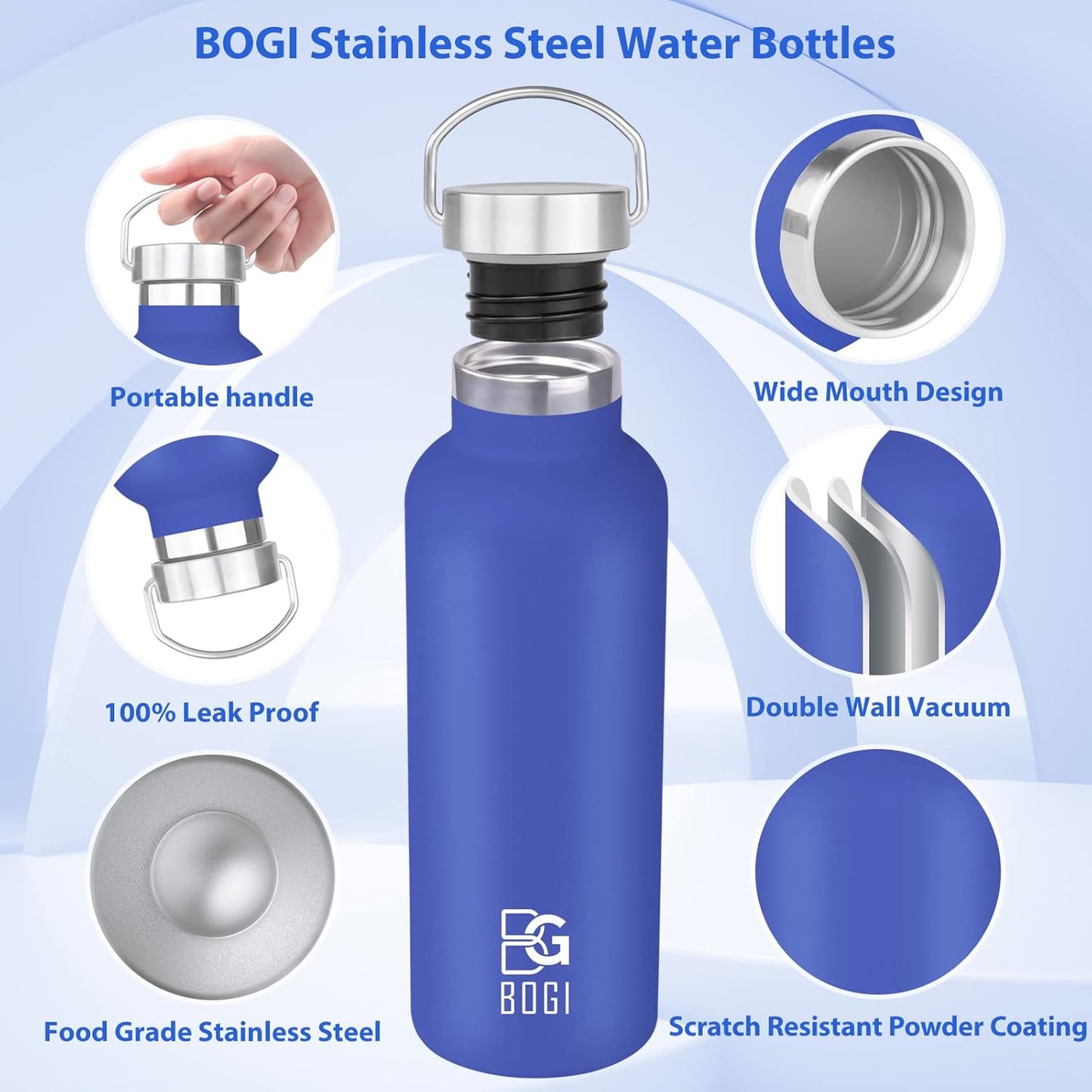 BOGI 20oz Stainless Steel Insulated Water Bottle with Straw, Handle, and Leakproof Wide Mouth - BPA Free Metal Bottle for Fitness and Outdoor Sports - Dark Blue