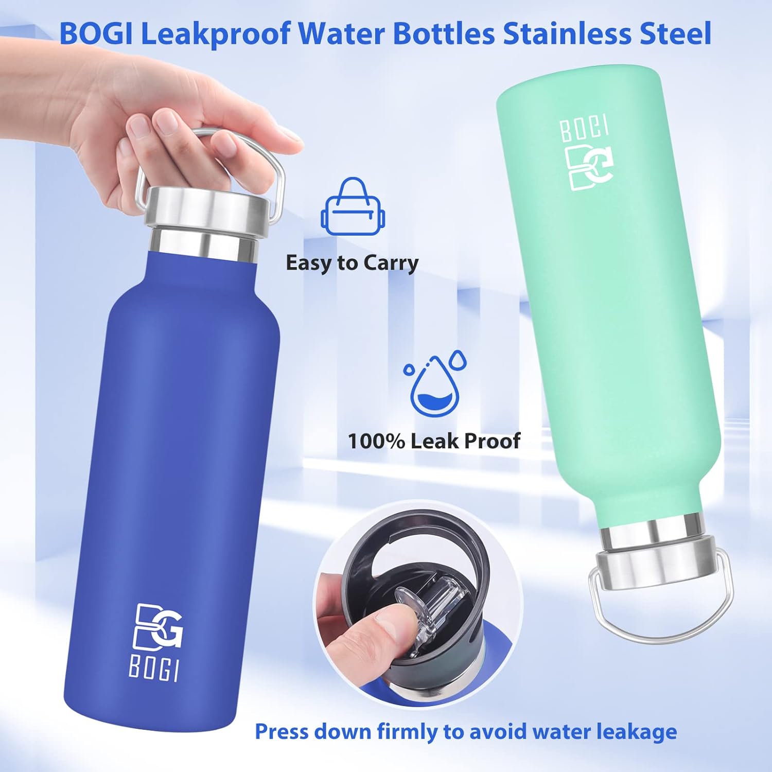 BOGI 20oz Stainless Steel Insulated Water Bottle with Straw, Handle, and Leakproof Wide Mouth - BPA Free Metal Bottle for Fitness and Outdoor Sports - Dark Blue